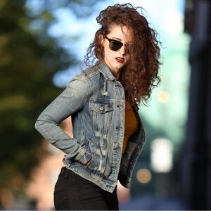 American Eagle Y2K distressed stretchy denim jean jacket western Elena Gilbert